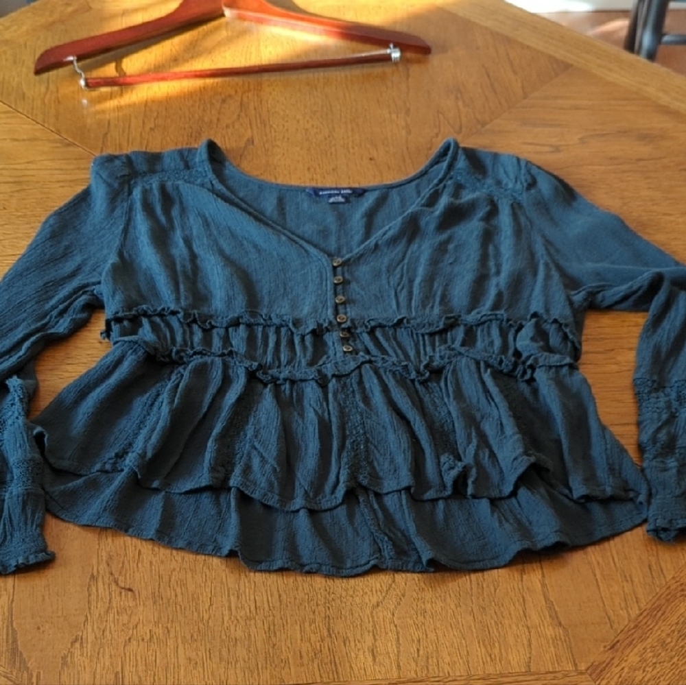 American Eagle Teal Blouse with Button Detail Babydoll Western Country Concert - Picture 6 of 12
